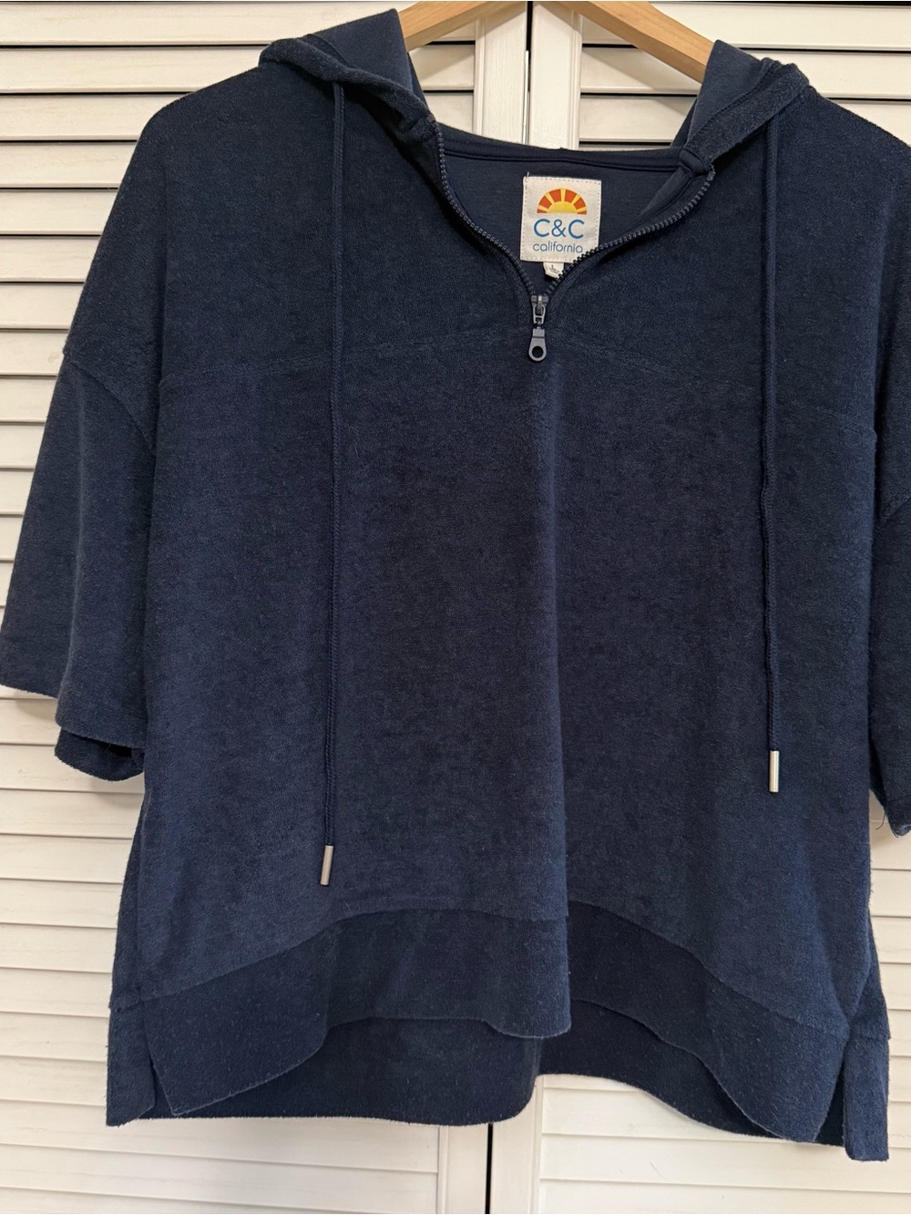 C&C California Navy Terry Short Sleeve Half-Zip Hooded Pullover
